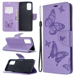 Embossing Double Butterfly Leather Wallet Case for Samsung Galaxy S20 Plus / S11 - Purple