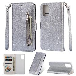 Glitter Shine Leather Zipper Wallet Phone Case for Samsung Galaxy S20 Plus / S11 - Silver