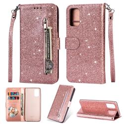 Glitter Shine Leather Zipper Wallet Phone Case for Samsung Galaxy S20 Plus / S11 - Pink