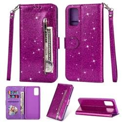 Glitter Shine Leather Zipper Wallet Phone Case for Samsung Galaxy S20 Plus / S11 - Purple