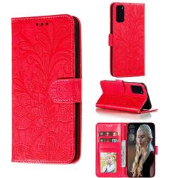 Intricate Embossing Lace Jasmine Flower Leather Wallet Case for Samsung Galaxy S20 Plus / S11 - Red