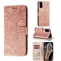 Intricate Embossing Lace Jasmine Flower Leather Wallet Case for Samsung Galaxy S20 Plus / S11 - Rose Gold