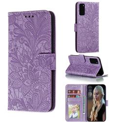 Intricate Embossing Lace Jasmine Flower Leather Wallet Case for Samsung Galaxy S20 Plus / S11 - Purple