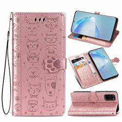 Embossing Dog Paw Kitten and Puppy Leather Wallet Case for Samsung Galaxy S20 Plus / S11 - Rose Gold