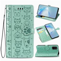 Embossing Dog Paw Kitten and Puppy Leather Wallet Case for Samsung Galaxy S20 Plus / S11 - Green