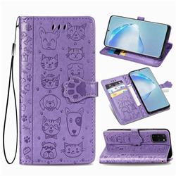 Embossing Dog Paw Kitten and Puppy Leather Wallet Case for Samsung Galaxy S20 Plus / S11 - Purple