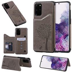 Luxury R61 Tree Cat Magnetic Stand Card Leather Phone Case for Samsung Galaxy S20 Plus / S11 - Gray