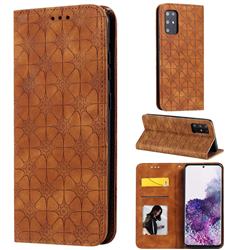 Intricate Embossing Four Leaf Clover Leather Wallet Case for Samsung Galaxy S20 Plus / S11 - Yellowish Brown