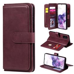 Multi-function Ten Card Slots and Photo Frame PU Leather Wallet Phone Case Cover for Samsung Galaxy S20 Plus / S11 - Claret