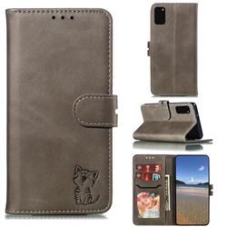 Embossing Happy Cat Leather Wallet Case for Samsung Galaxy S20 Plus - Gray