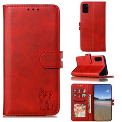Embossing Happy Cat Leather Wallet Case for Samsung Galaxy S20 Plus - Red