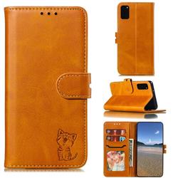 Embossing Happy Cat Leather Wallet Case for Samsung Galaxy S20 Plus - Yellow