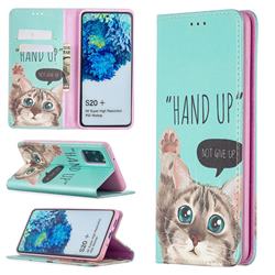 Hand Up Cat Slim Magnetic Attraction Wallet Flip Cover for Samsung Galaxy S20 Plus