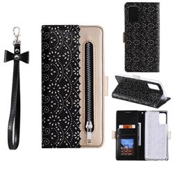 Luxury Lace Zipper Stitching Leather Phone Wallet Case for Samsung Galaxy S20 Plus - Black