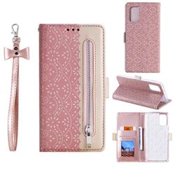 Luxury Lace Zipper Stitching Leather Phone Wallet Case for Samsung Galaxy S20 Plus - Pink