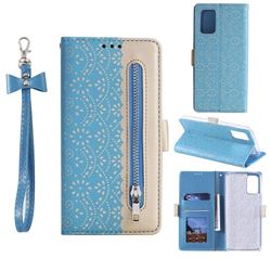Luxury Lace Zipper Stitching Leather Phone Wallet Case for Samsung Galaxy S20 Plus - Blue
