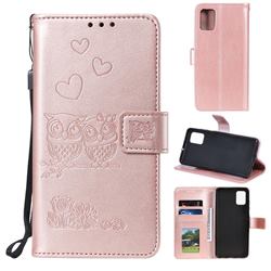 Embossing Owl Couple Flower Leather Wallet Case for Samsung Galaxy S20 Plus - Rose Gold