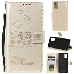 Embossing Owl Couple Flower Leather Wallet Case for Samsung Galaxy S20 Plus - Golden