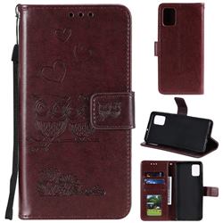 Embossing Owl Couple Flower Leather Wallet Case for Samsung Galaxy S20 Plus - Brown