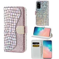 Glitter Diamond Buckle Laser Stitching Leather Wallet Phone Case for Samsung Galaxy S20 Plus - Pink