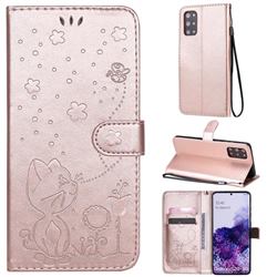 Embossing Bee and Cat Leather Wallet Case for Samsung Galaxy S20 Plus - Rose Gold