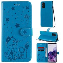 Embossing Bee and Cat Leather Wallet Case for Samsung Galaxy S20 Plus - Blue