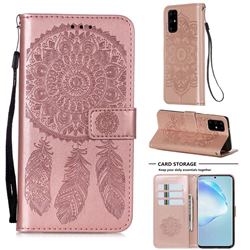 Embossing Dream Catcher Mandala Flower Leather Wallet Case for Samsung Galaxy S20 Plus - Rose Gold