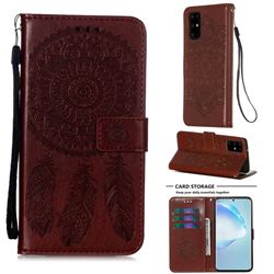 Embossing Dream Catcher Mandala Flower Leather Wallet Case for Samsung Galaxy S20 Plus - Brown
