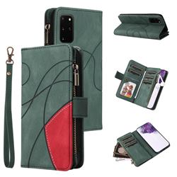 Luxury Two-color Stitching Multi-function Zipper Leather Wallet Case Cover for Samsung Galaxy S20 Plus - Green