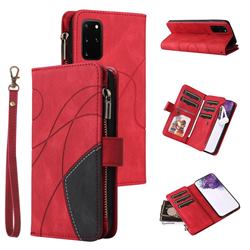 Luxury Two-color Stitching Multi-function Zipper Leather Wallet Case Cover for Samsung Galaxy S20 Plus - Red