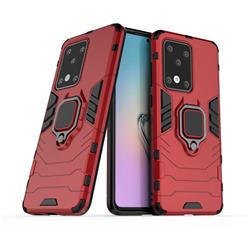 Black Panther Armor Metal Ring Grip Shockproof Dual Layer Rugged Hard Cover for Samsung Galaxy S20 Ultra / S11 Plus - Red