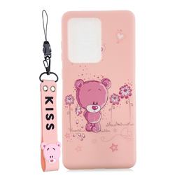 Pink Flower Bear Soft Kiss Candy Hand Strap Silicone Case for Samsung Galaxy S20 Ultra / S11 Plus