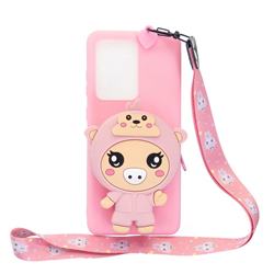 Pink Pig Neck Lanyard Zipper Wallet Silicone Case for Samsung Galaxy S20 Ultra / S11 Plus