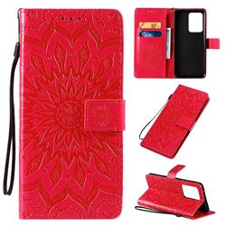 Embossing Sunflower Leather Wallet Case for Samsung Galaxy S20 Ultra / S11 Plus - Red