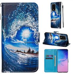 Waves and Sun Matte Leather Wallet Phone Case for Samsung Galaxy S20 Ultra / S11 Plus