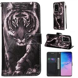 Black and White Tiger Matte Leather Wallet Phone Case for Samsung Galaxy S20 Ultra / S11 Plus