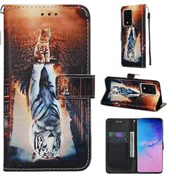 Cat and Tiger Matte Leather Wallet Phone Case for Samsung Galaxy S20 Ultra / S11 Plus
