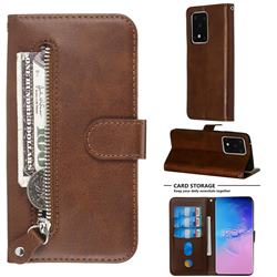 Retro Luxury Zipper Leather Phone Wallet Case for Samsung Galaxy S20 Ultra / S11 Plus - Brown