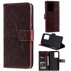 Intricate Embossing Datura Leather Wallet Case for Samsung Galaxy S20 Ultra / S11 Plus - Brown