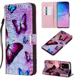 Blue Butterfly Sequins Painted Leather Wallet Case for Samsung Galaxy S20 Ultra / S11 Plus
