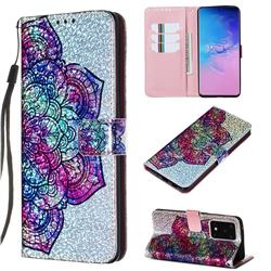 Glutinous Flower Sequins Painted Leather Wallet Case for Samsung Galaxy S20 Ultra / S11 Plus