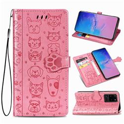Embossing Dog Paw Kitten and Puppy Leather Wallet Case for Samsung Galaxy S20 Ultra / S11 Plus - Pink