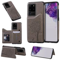 Luxury R61 Tree Cat Magnetic Stand Card Leather Phone Case for Samsung Galaxy S20 Ultra / S11 Plus - Gray