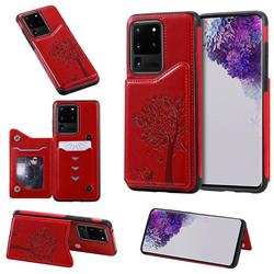Luxury R61 Tree Cat Magnetic Stand Card Leather Phone Case for Samsung Galaxy S20 Ultra / S11 Plus - Red
