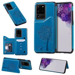 Luxury R61 Tree Cat Magnetic Stand Card Leather Phone Case for Samsung Galaxy S20 Ultra / S11 Plus - Blue