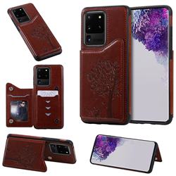 Luxury R61 Tree Cat Magnetic Stand Card Leather Phone Case for Samsung Galaxy S20 Ultra / S11 Plus - Brown