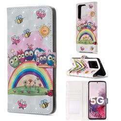 Rainbow Owl Family 3D Painted Leather Phone Wallet Case for Samsung Galaxy S20 Ultra / S11 Plus