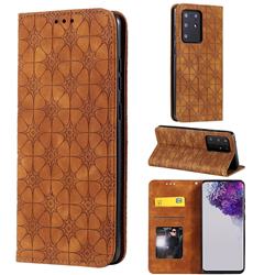 Intricate Embossing Four Leaf Clover Leather Wallet Case for Samsung Galaxy S20 Ultra / S11 Plus - Yellowish Brown