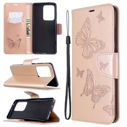 Embossing Double Butterfly Leather Wallet Case for Samsung Galaxy S20 Ultra / S11 Plus - Rose Gold