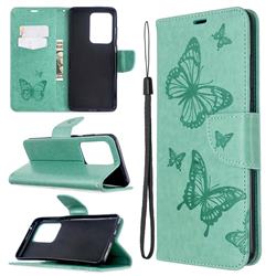 Embossing Double Butterfly Leather Wallet Case for Samsung Galaxy S20 Ultra / S11 Plus - Green